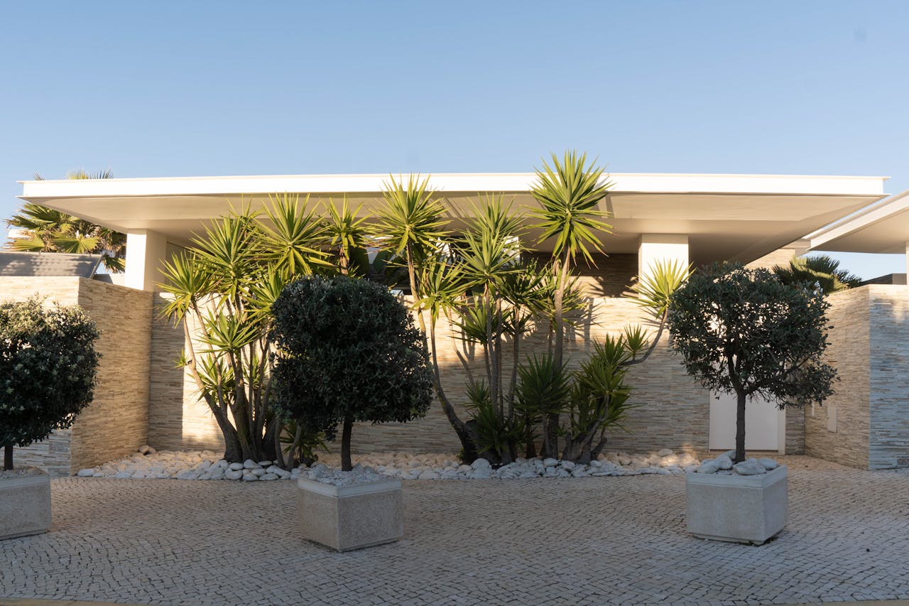 Mastering the First Impression: Your intriguing post title goes here Contemporary house in Nazaré, Portugal, featuring tropical plants and stone facade.